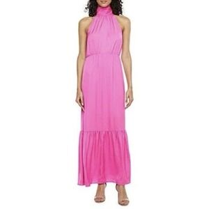 NWT $74 Worthington Hyper Pink Maxi Dress Halter Neck Silky Satin Ruffle Size PL